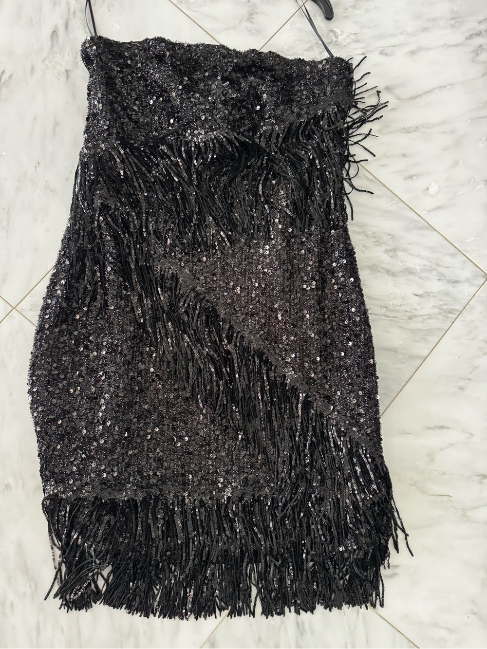 Strapless Black Sequin Fringe Mini Dress